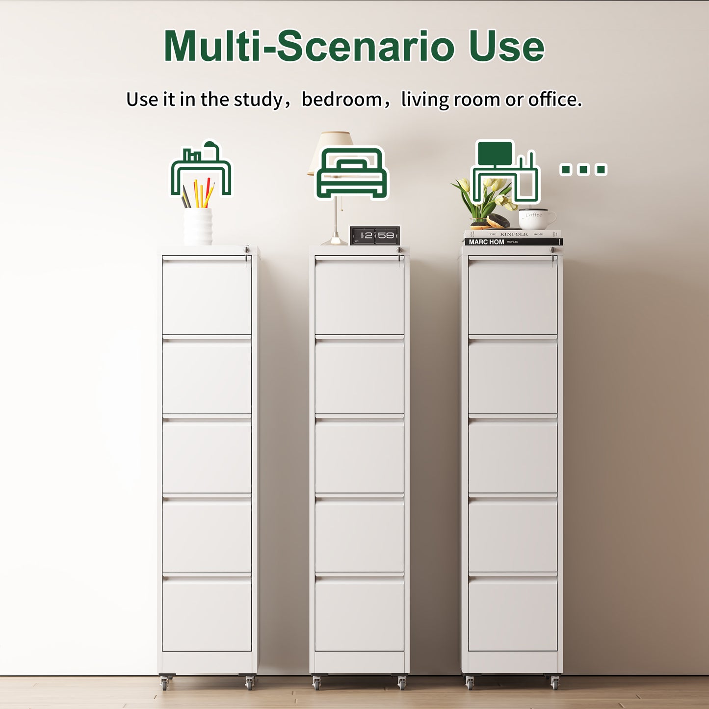 VIYET 64"H 5-Drawer Metal Vertical File Cabinet with Lock & Wheels,Heavy-Duty Storage for Home Office, Fits A4/Letter/Legal (Assembly Required)