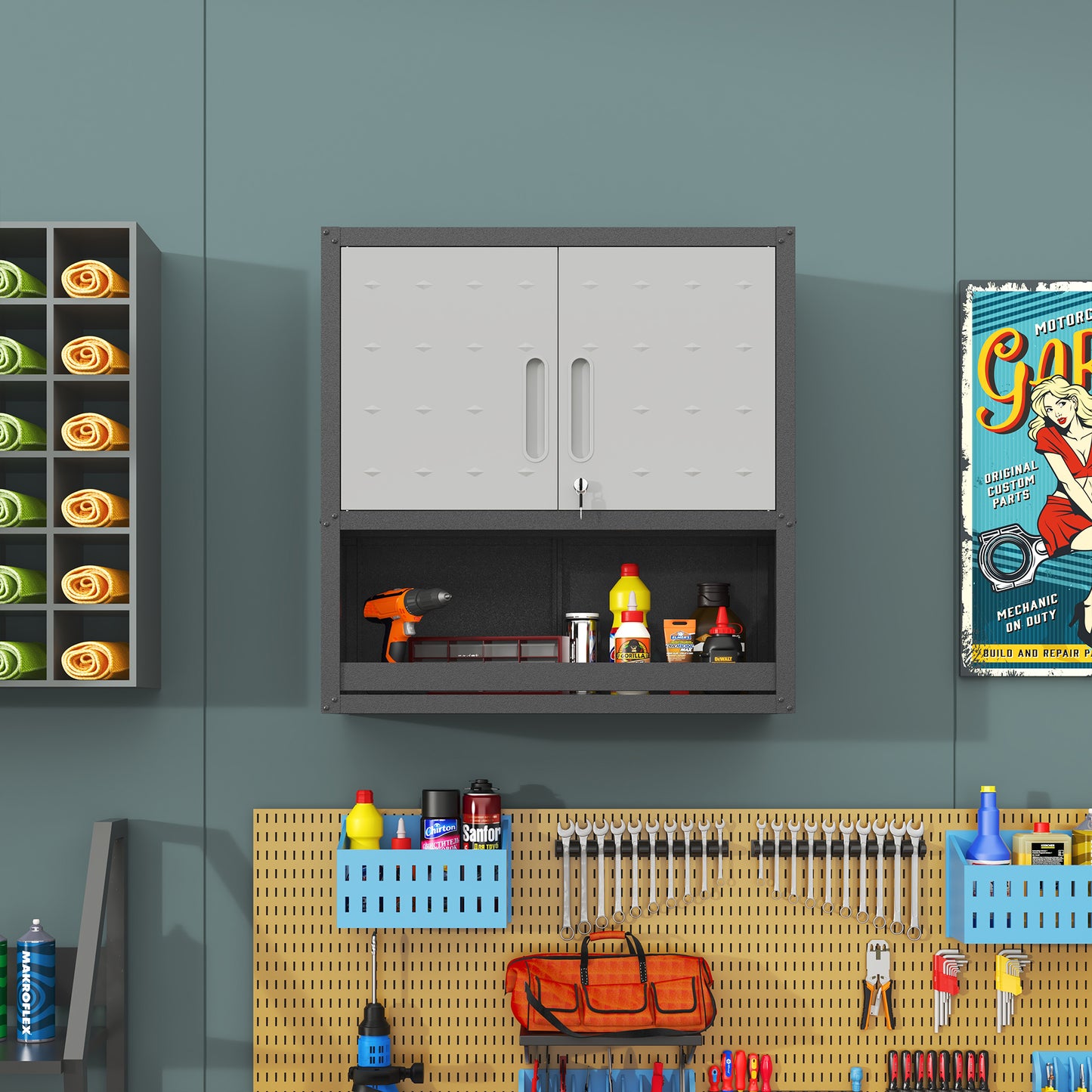 VIYET 30"H Wall-Mounted Steel Cabinet, Locking Doors, Open Drawer & Adjustable Shelf, Rust-Resistant Cold-Rolled Steel, Garage/Office/Warehouse/Home/School