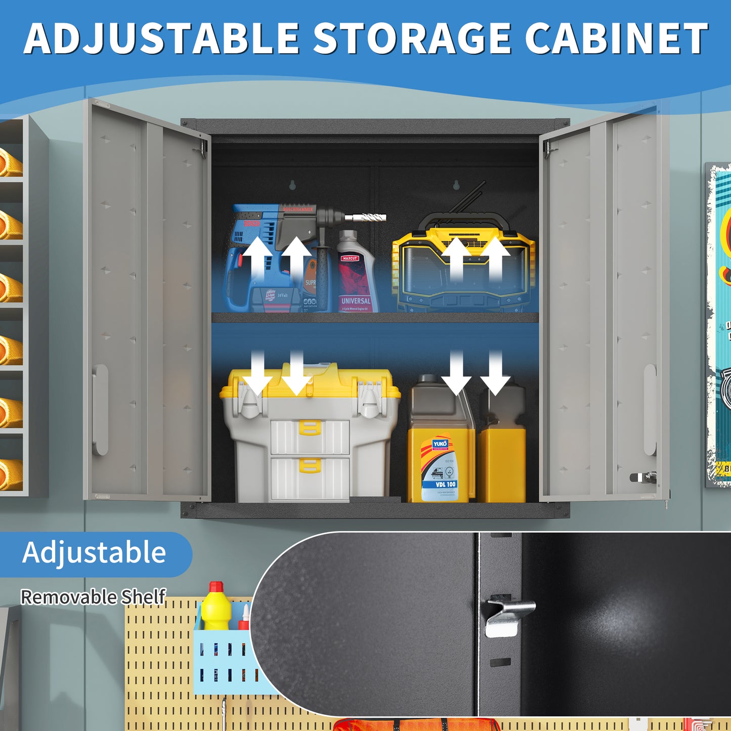 VIYET 30"H Wall-Mounted Metal Tool Storage Cabinet,2 Locking Doors,1 Adjustable Shelf&1 Open Drawer, for Garage/Office/Warehouse, Assembly Required
