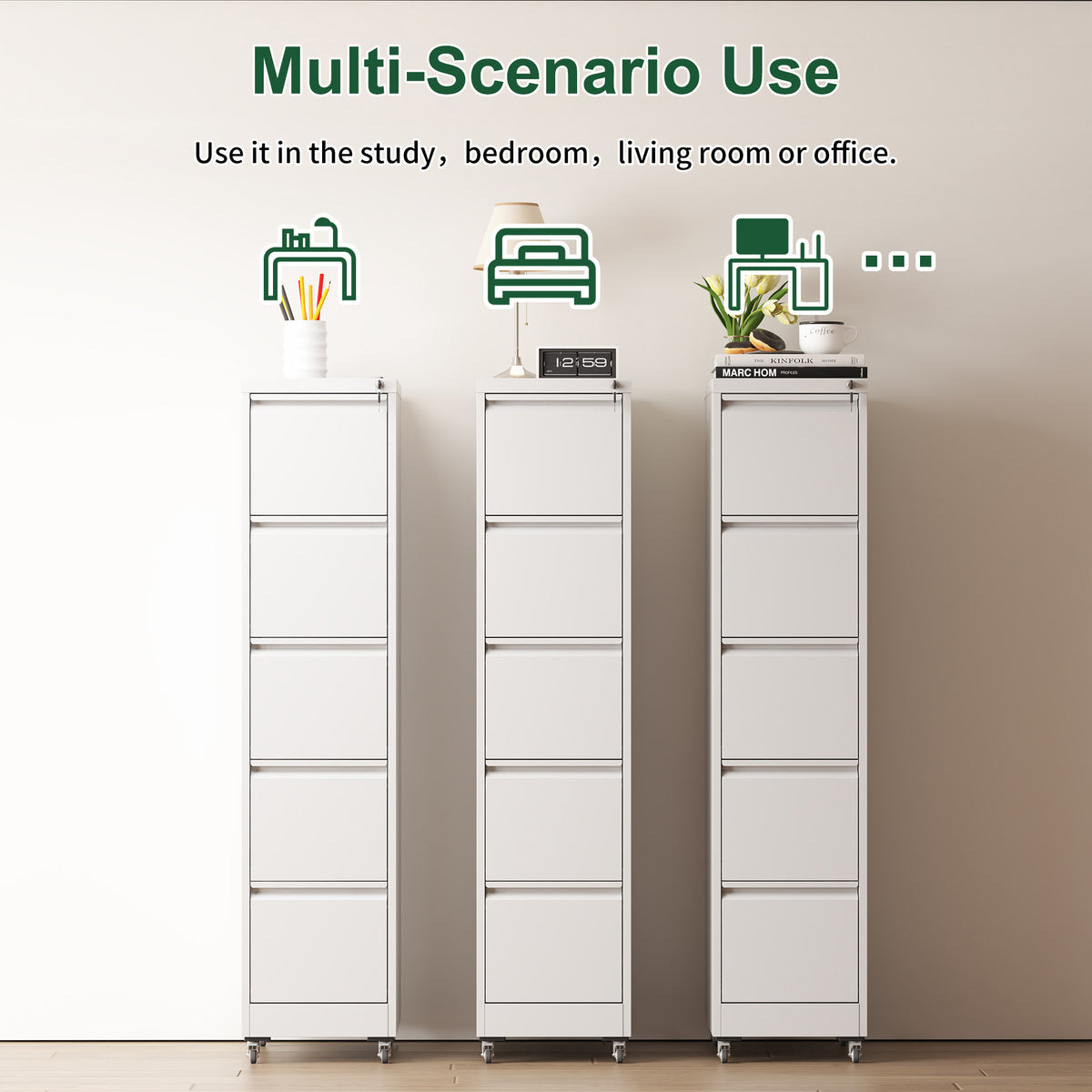 VIYET 5 Drawer Vertical File Cabinet, Metal Rolling Filing Cabinet with Lock, Fits A4, Letter & Legal Files, Home Office Storage
