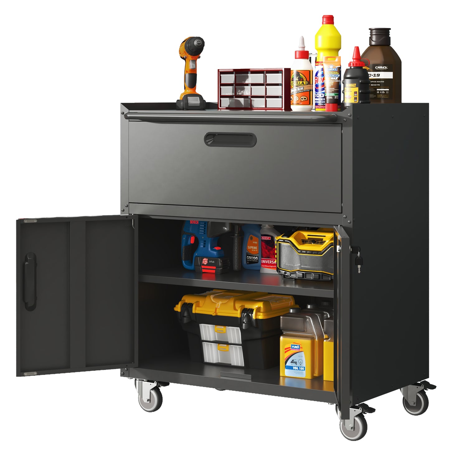 VIYET 35"H Heavy-Duty Mobile Steel Tool Cabinet, 360° Lockable Casters, 3-Sided Top Fence, Garage/Home/Office/Workshop, Black+Gray