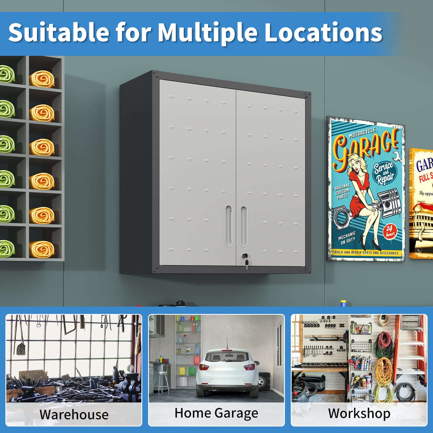 VIYET 30"H Wall-Mounted Metal Tool Storage Cabinet,2 Locking Doors,1 Adjustable Shelf&1 Open Drawer, for Garage/Office/Warehouse, Assembly Required