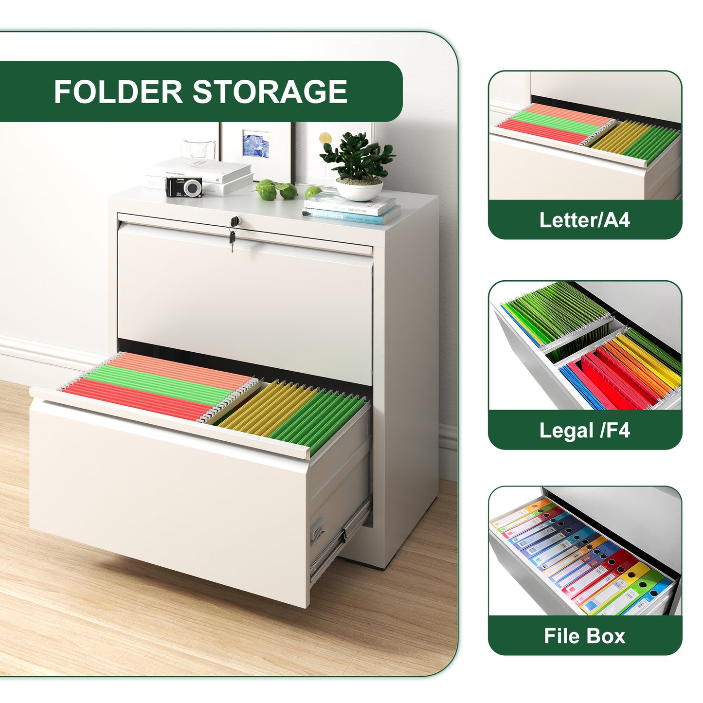VIYET Locking 2 Drawer Lateral File Cabinet, Steel Filing Cabinet for Home Office, Fits Letter, Legal & A4 Files