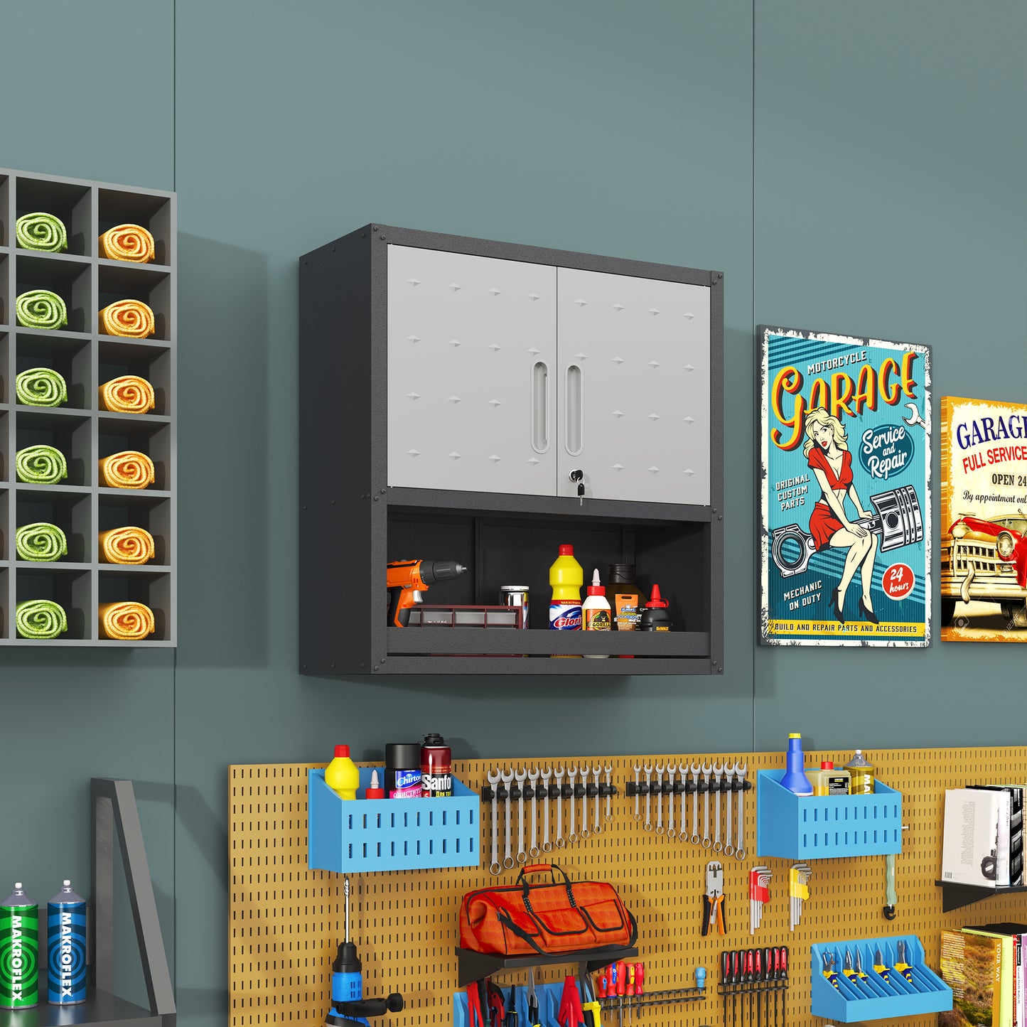 VIYET 30"H Wall-Mounted Steel Cabinet, Locking Doors, Open Drawer & Adjustable Shelf, Rust-Resistant Cold-Rolled Steel, Garage/Office/Warehouse/Home/School