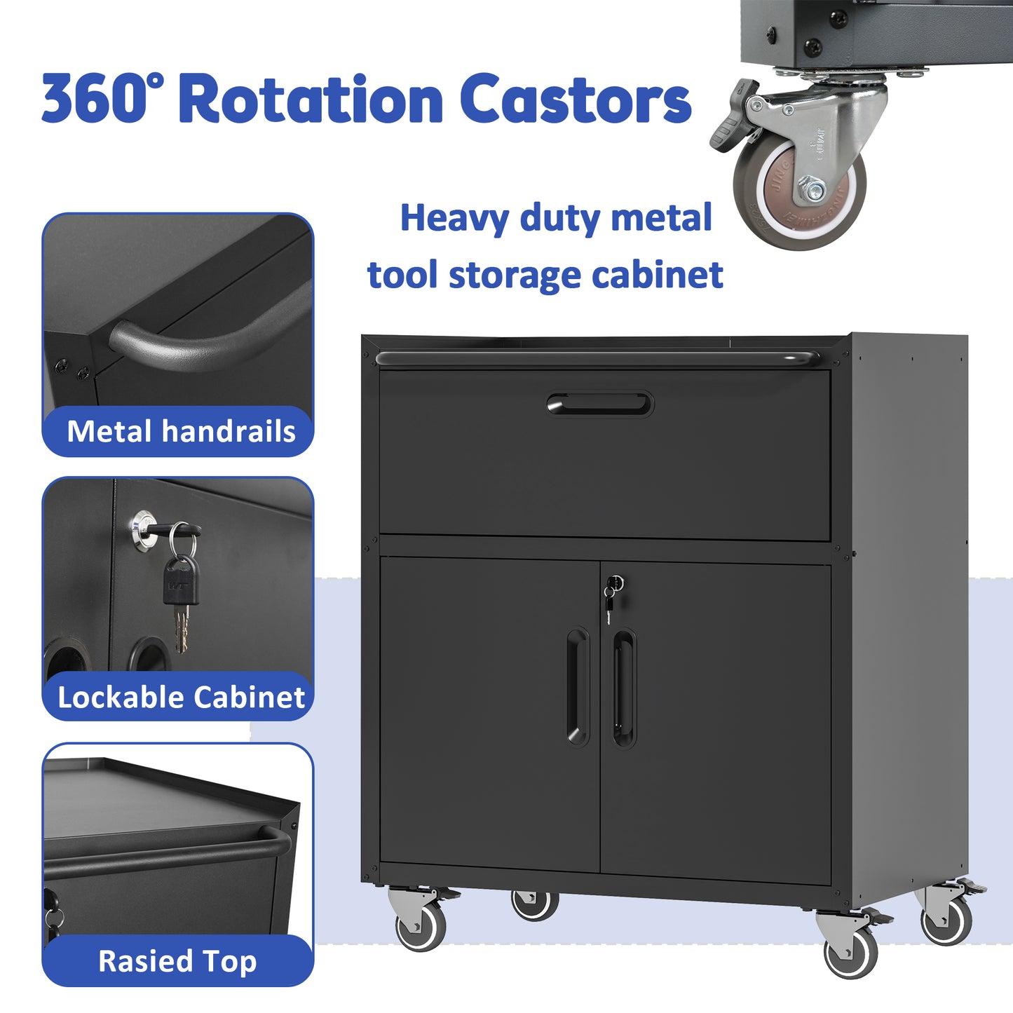 VIYET 35"H Heavy-Duty Mobile Steel Tool Cabinet, 360° Lockable Casters, 3-Sided Top Fence, Garage/Home/Office/Workshop, Black+Gray