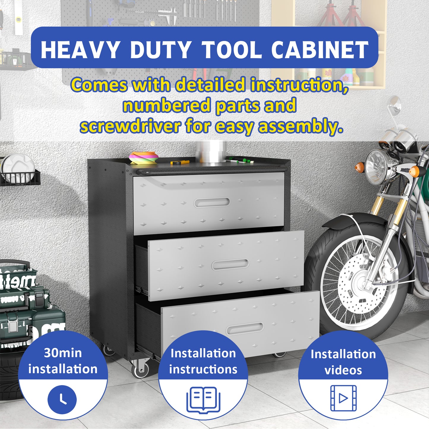 VIYET 35"H 3-Drawer Heavy-Duty Steel Storage Cabinet, Lockable Wheels,200LBS Capacity, Garage/Office/Home, Black+Gray