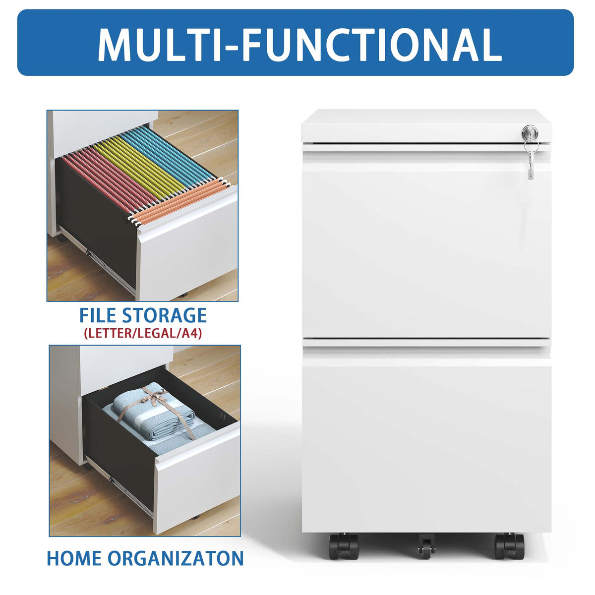 VIYET 2 Drawer Mobile File Cabinet, Rolling Filing Cabinet with Lock, 5 Casters, Fully Assembled, Fits Legal, Letter & A4 Files