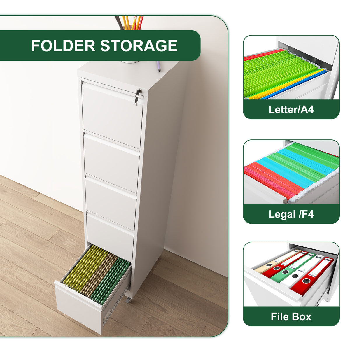 VIYET 5 Drawer Vertical File Cabinet, Metal Rolling Filing Cabinet with Lock, Fits A4, Letter & Legal Files, Home Office Storage