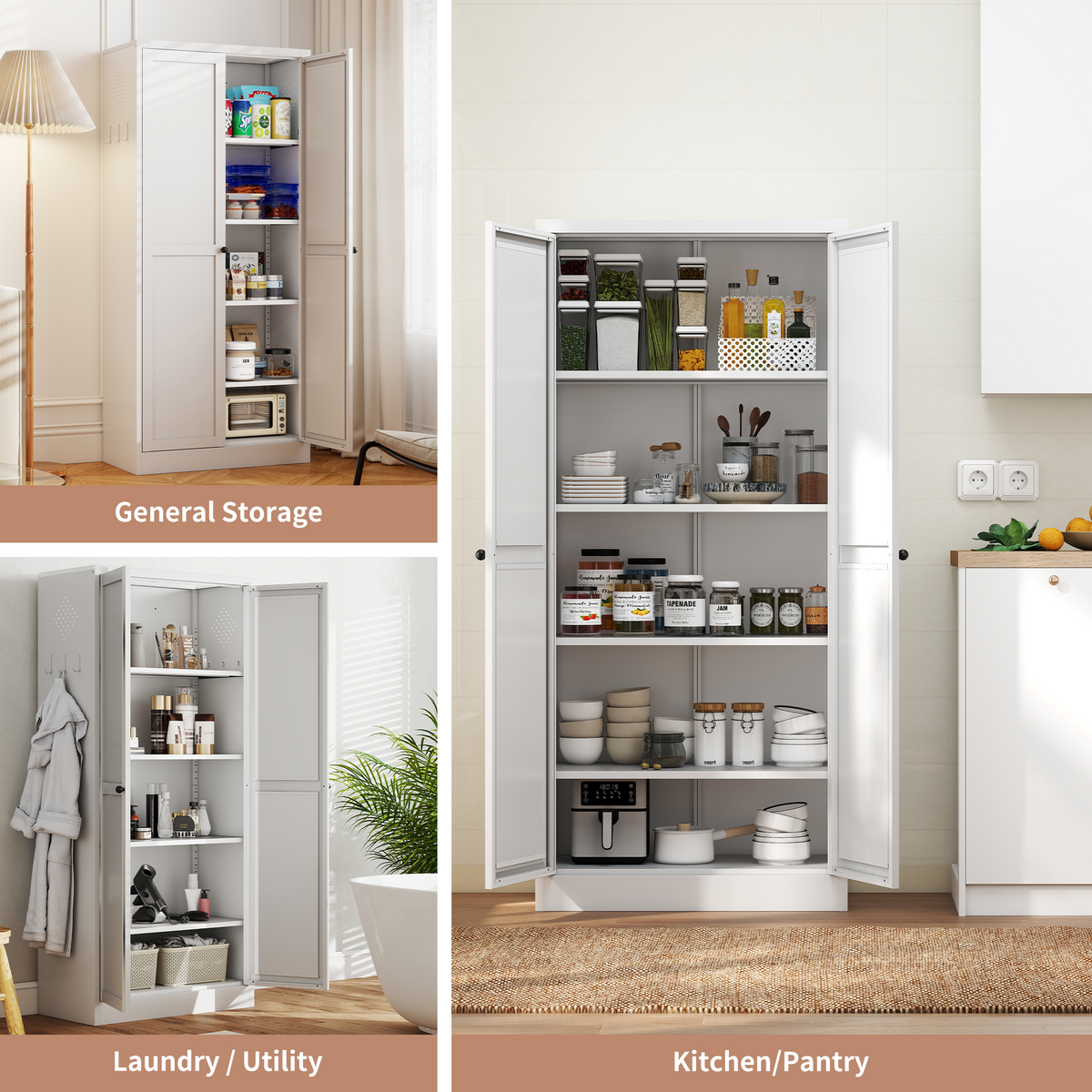VIYET 61" Metal Pantry Cabinet, 4 Adjustable Shelves, Freestanding Kitchen Storage Cabinet, Slim Food Organizer for Kitchen, Dining Room