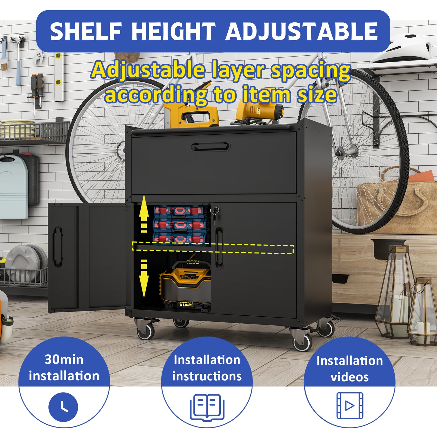 VIYET 35"H Heavy-Duty Mobile Steel Tool Cabinet, 360° Lockable Casters, 3-Sided Top Fence, Garage/Home/Office/Workshop, Black+Gray