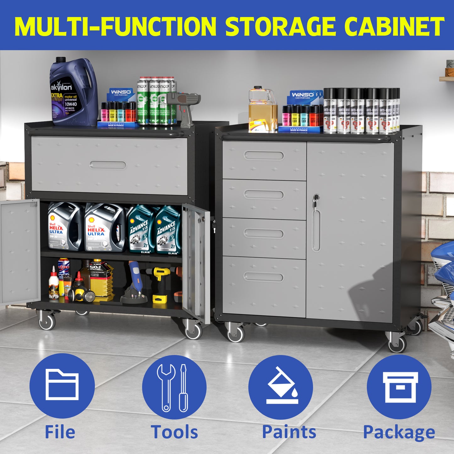 VIYET 35"H Heavy-Duty Mobile Steel Tool Cabinet, Categorized Drawers, Lockable Adjustable Shelf, 360° Casters, Black+Gray, Garage/Home/Office/Workshop