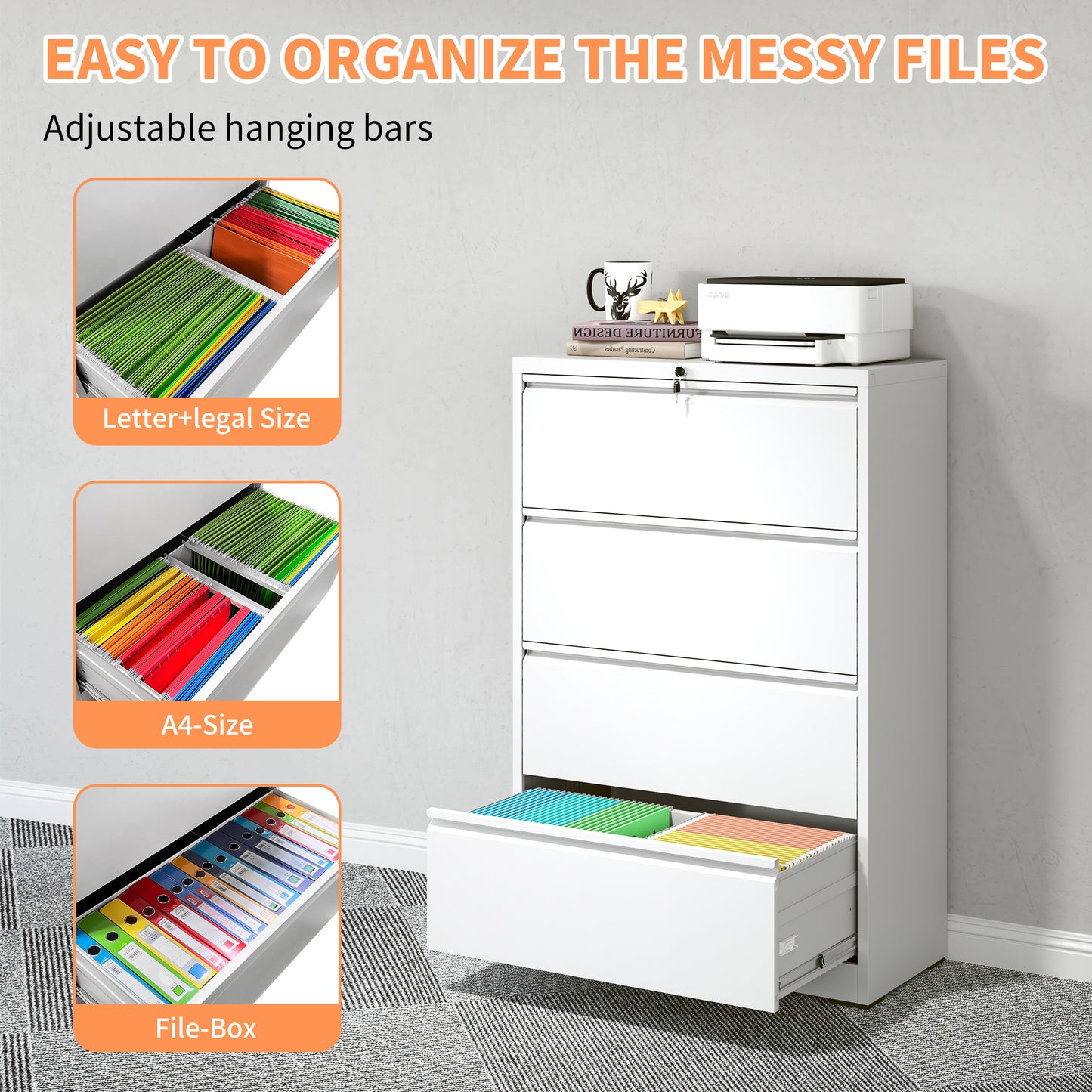 VIYET 4-Drawer Locking Lateral File Cabinet, Heavy-Duty Metal Office Storage with Full-Extension Drawers, Fits Letter, Legal & A4 Files