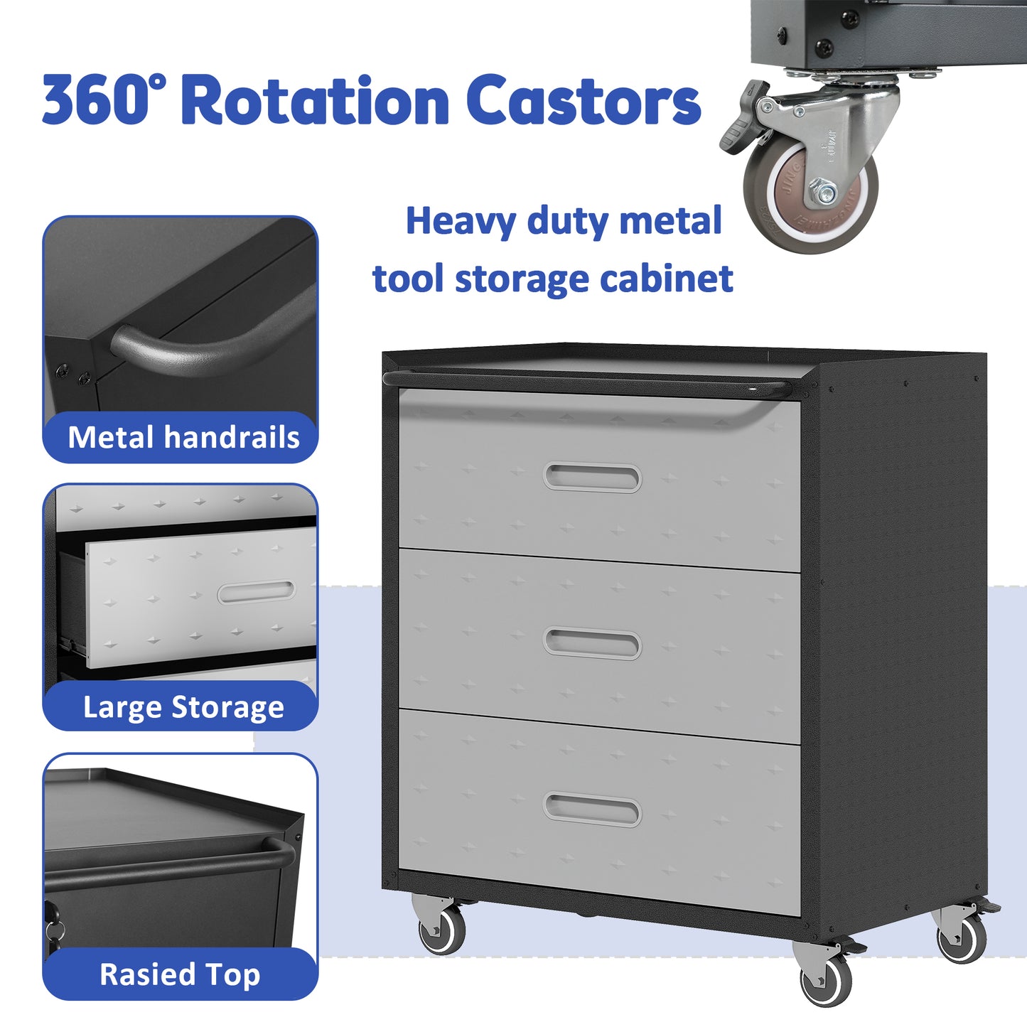 VIYET 35"H 3-Drawer Heavy-Duty Steel Storage Cabinet, Lockable Wheels,200LBS Capacity, Garage/Office/Home, Black+Gray