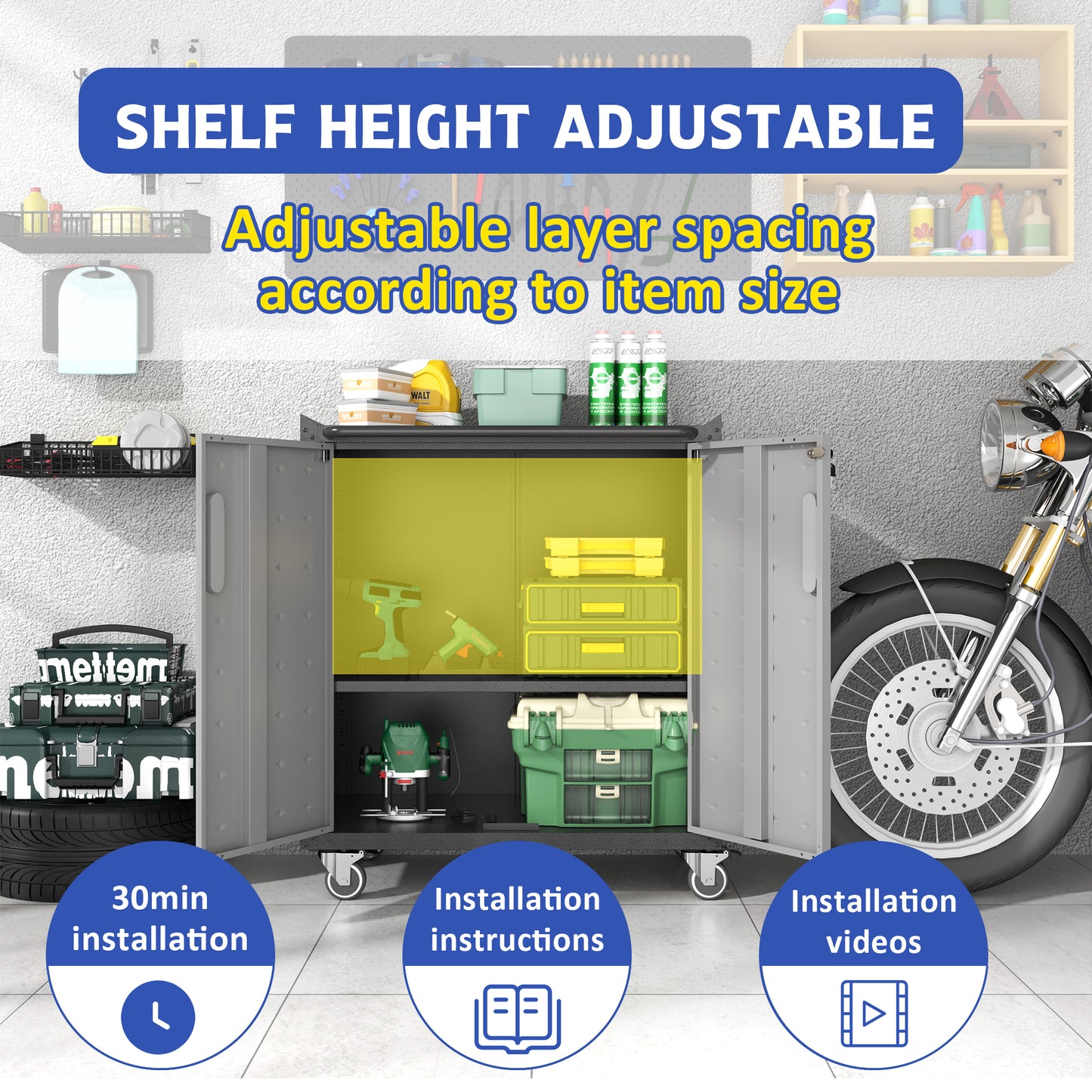 VIYET 31"H Heavy-Duty Mobile Steel Cabinet,Lockable (2 Keys)+Adjustable Shelf,360° Silent Casters, DIY Worktop, Garage/Home/Office/Kitchen