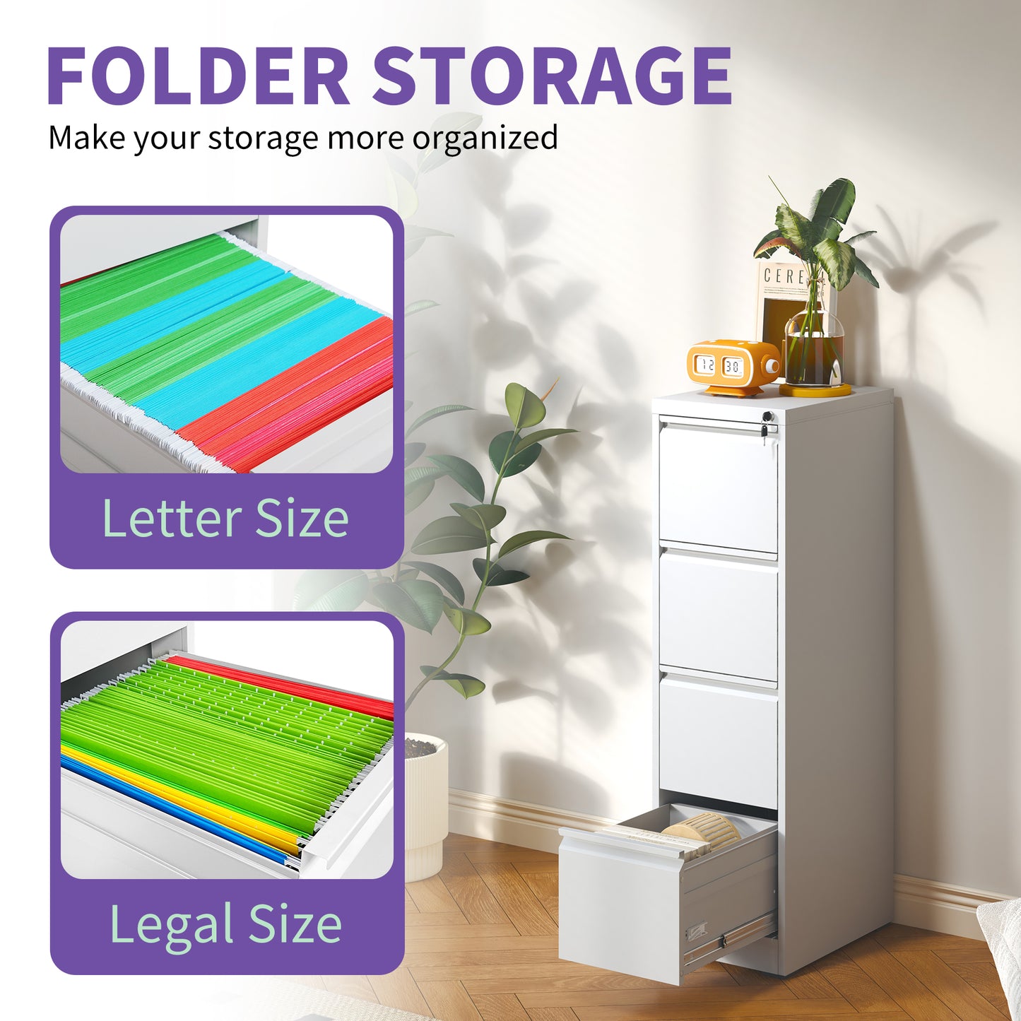 VIYET 52" 4-Drawer Metal Vertical File Cabinet with Lock, Tall Slim Locking Filing Cabinet for Home Office, Fits Letter, Legal & A4 Files