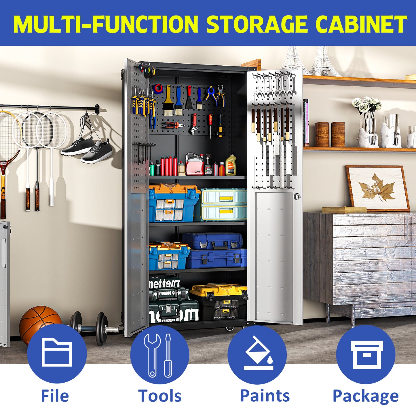 VIYET 71"H Heavy-Duty Metal Garage Storage Cabinet with Wheels,700LBS Capacity,2 Locking Doors+3 Adjustable Shelves, Home/Office/Garage, Black+Gray