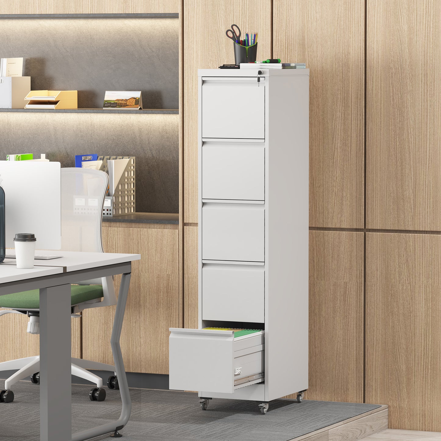 VIYET 64"H 5-Drawer Metal Vertical File Cabinet with Lock & Wheels,Heavy-Duty Storage for Home Office, Fits A4/Letter/Legal (Assembly Required)