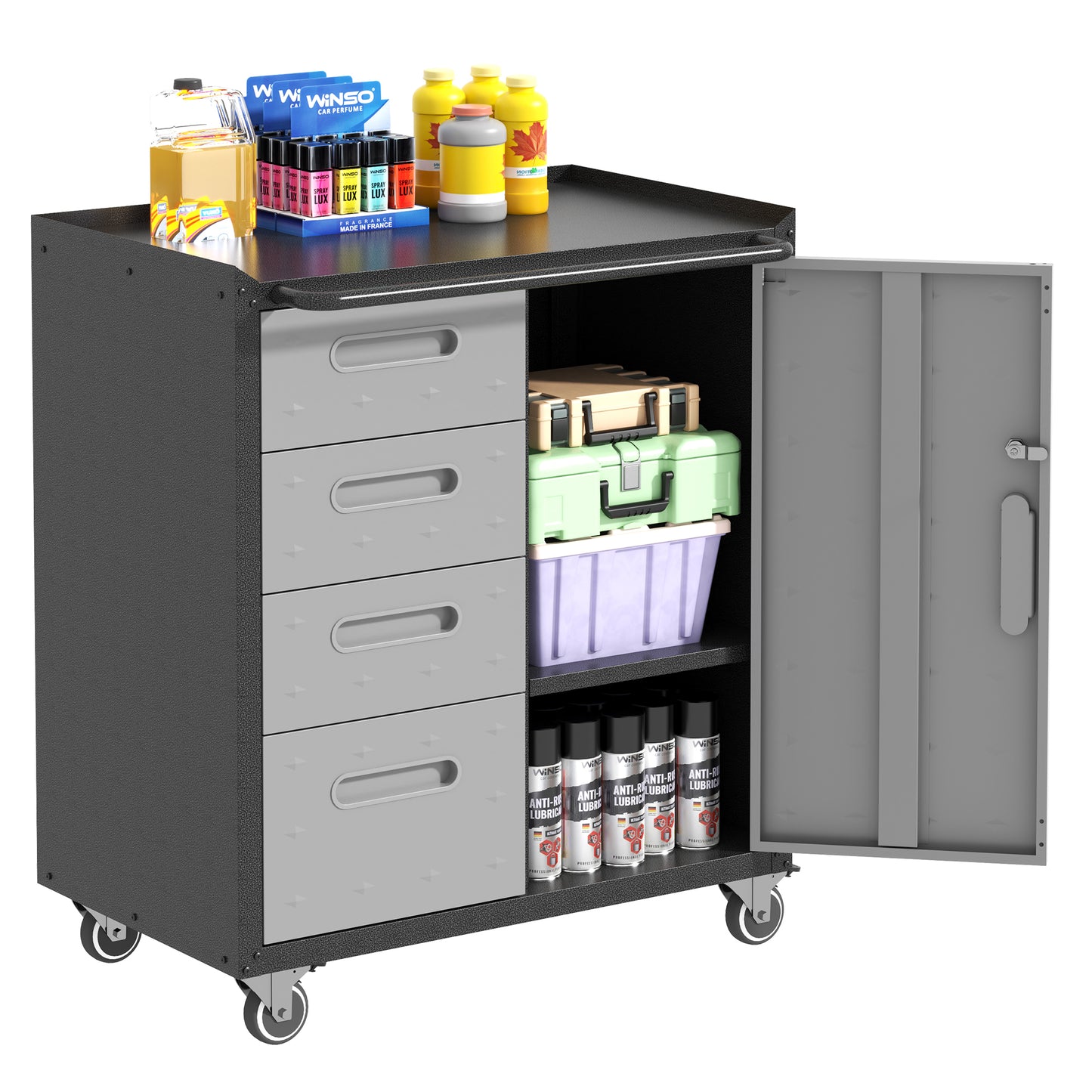 VIYET 35"H Heavy-Duty Steel Tool Cabinet with Wheels - 4 Drawers + 1 Lockable Compartment (Adjustable Shelf), 200LBS Capacity, Mobile Organizer for Garage/Home/Office/Warehouse, Black+Gray