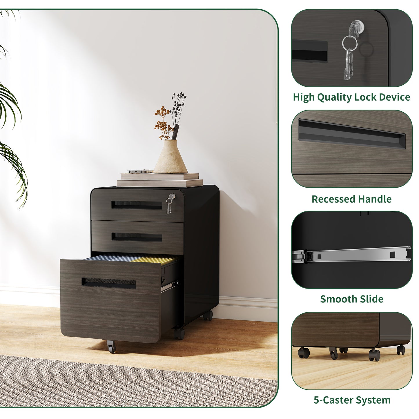 VIYET 23" 3-Drawer Mobile File Cabinet, Black Cold-Rolled Steel Lockable Under-Desk Cabinet (5-Wheel Anti-Tilting for A4/Legal/Letter Files)