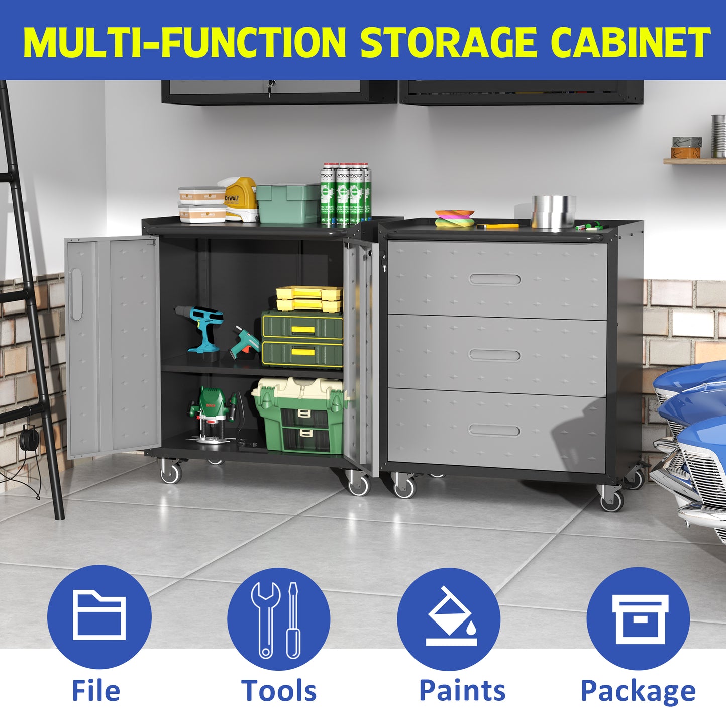 VIYET 35"H 3-Drawer Heavy-Duty Steel Storage Cabinet, Lockable Wheels,200LBS Capacity, Garage/Office/Home, Black+Gray