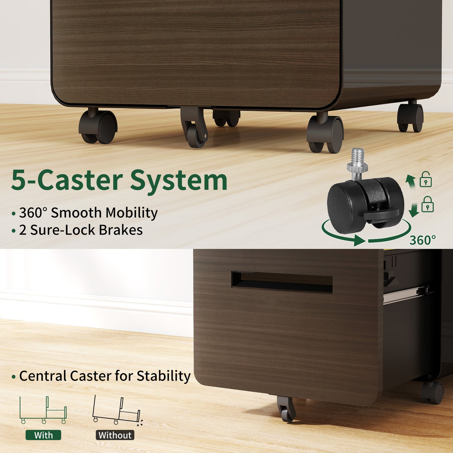 VIYET 23" 3-Drawer Mobile File Cabinet, Black Cold-Rolled Steel Lockable Under-Desk Cabinet (5-Wheel Anti-Tilting for A4/Legal/Letter Files)