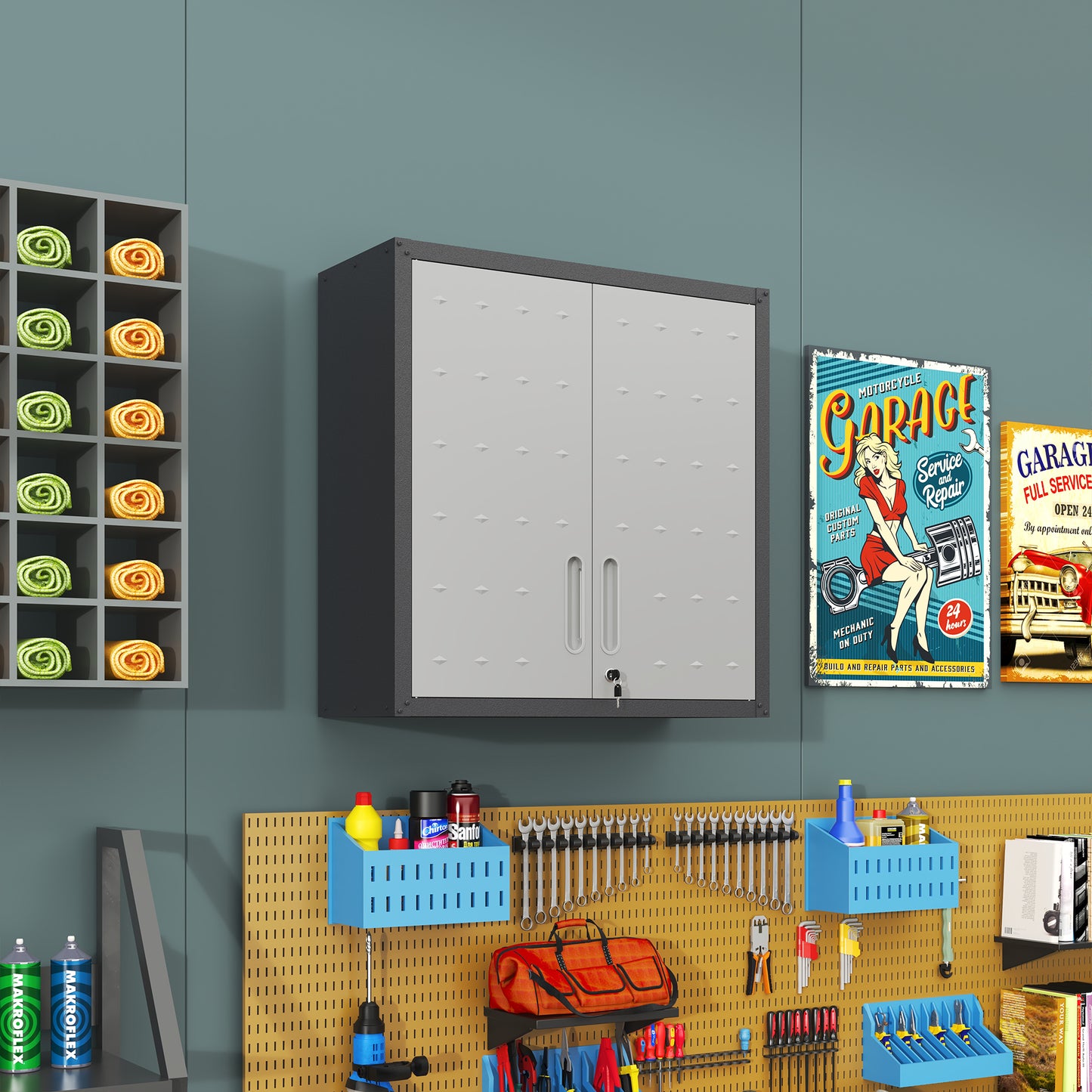 VIYET 30"H Wall-Mounted Metal Tool Storage Cabinet,2 Locking Doors,1 Adjustable Shelf&1 Open Drawer, for Garage/Office/Warehouse, Assembly Required