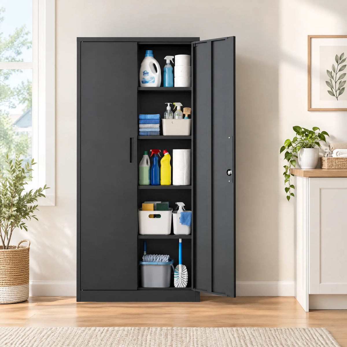 VIYET 72" Metal Garage Storage Cabinet, Lockable Steel Utility Cabinet with 4 Adjustable Shelves, 180 Lbs per Shelf, Double Doors, Black