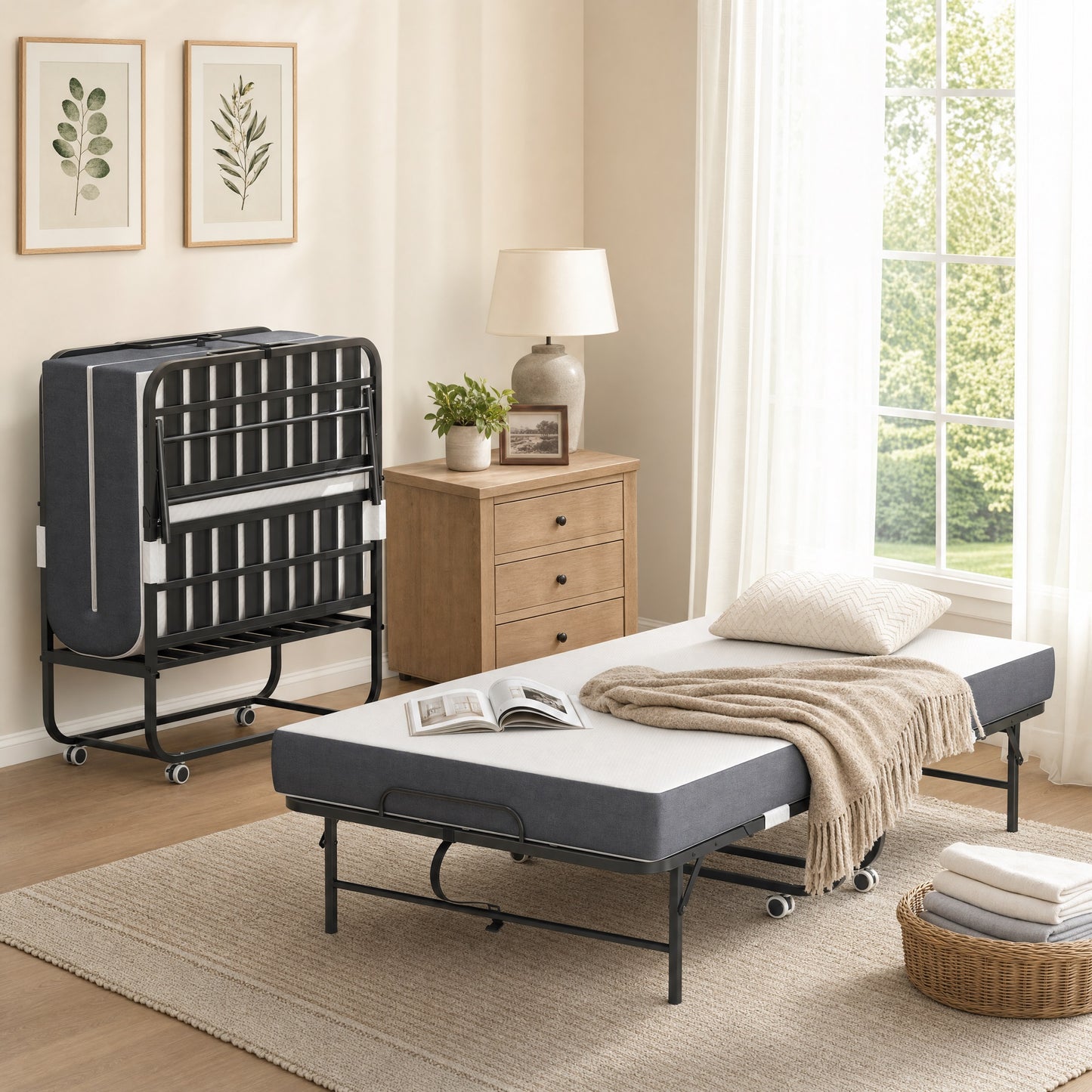 VIYET Twin Folding Rollaway Guest Bed with 5" Memory Foam Mattress, 450LB Heavy Duty Portable Bed with Wheels, Extra Long