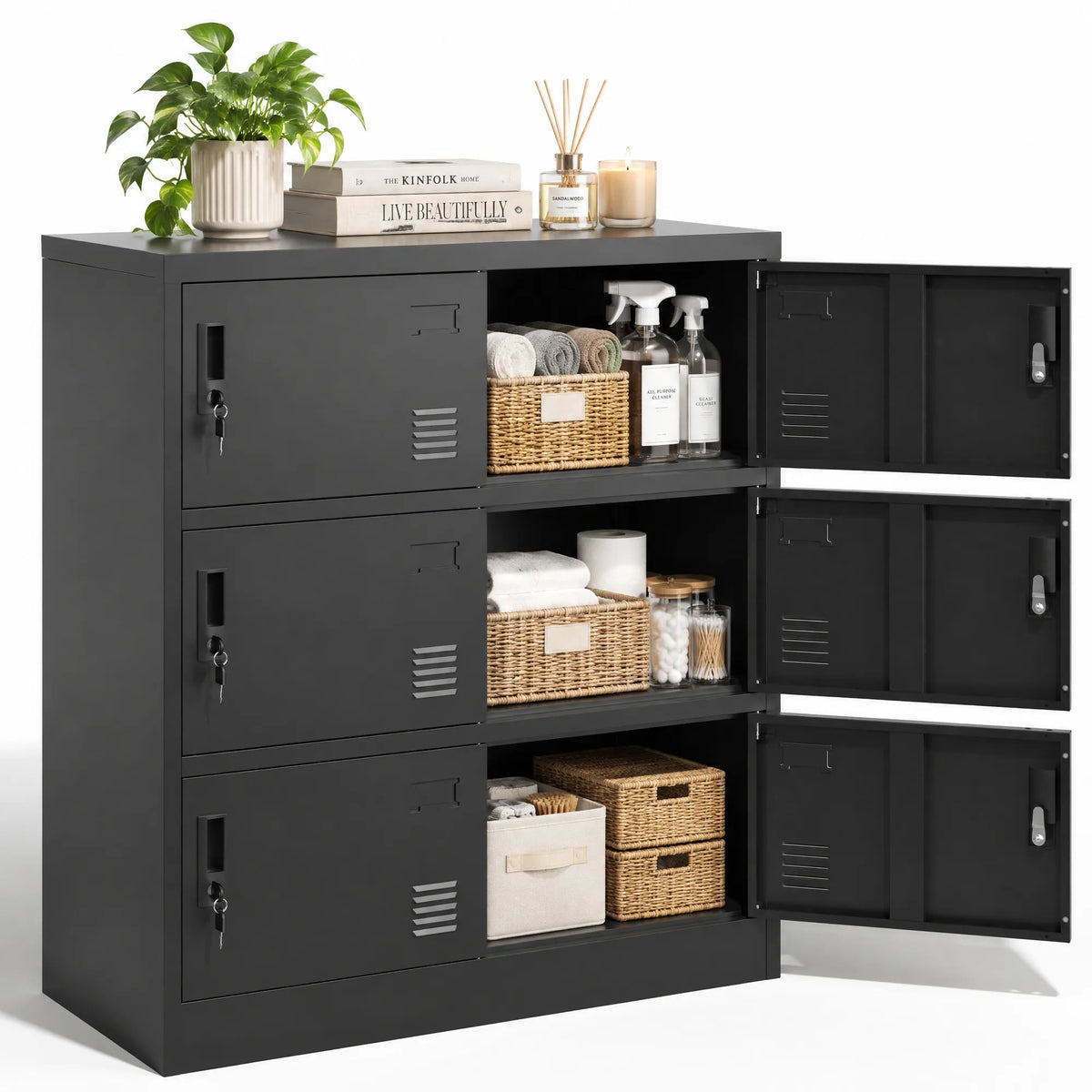 VIYET 6-Door Metal Storage Locker with Lock and Card Slot, Freestanding Office, Gym, School & Home Storage Cabinet, Durable Black Steel