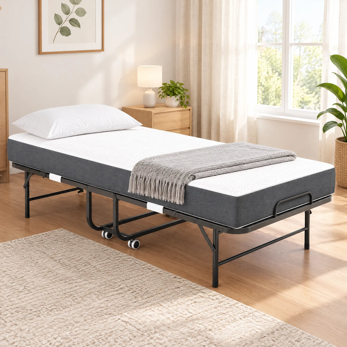 VIYET 75" Extra Long Folding Bed with 5" Memory Foam Mattress, 450 Lbs Capacity, Rollaway Guest Bed with Wheels, Twin Size, Black