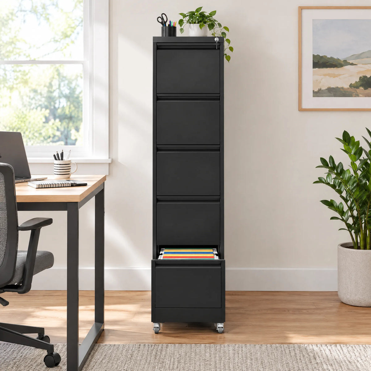 VIYET 5-Drawer Mobile File Cabinet with Lock, 64" Tall Vertical Metal Filing Cabinet with Wheels for Home Office, Legal & Letter Size