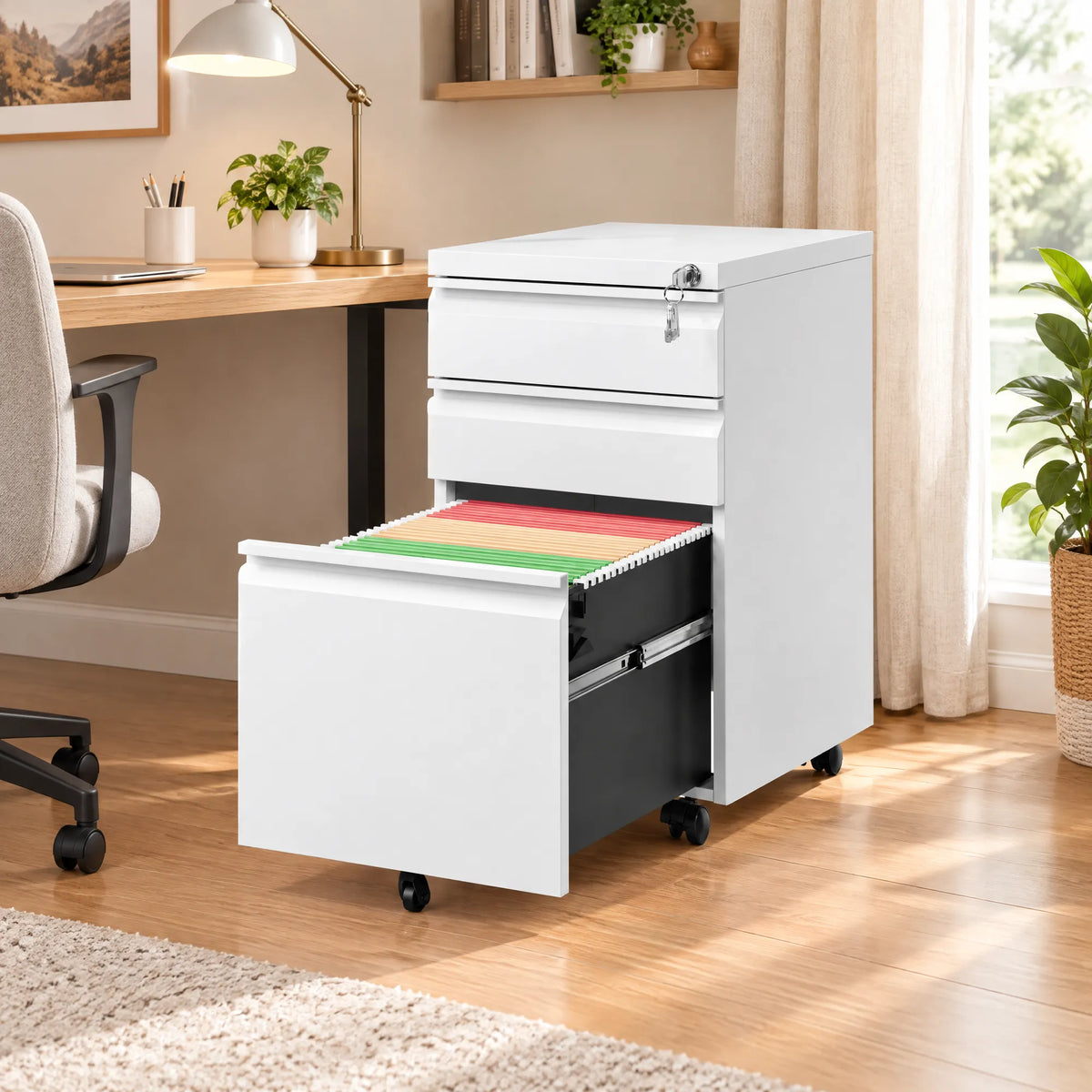 VIYET 3-Drawer Mobile File Cabinet with Lock, Rolling Metal Filing Cabinet for Home Office, Fits Letter, Legal & A4 Files, White