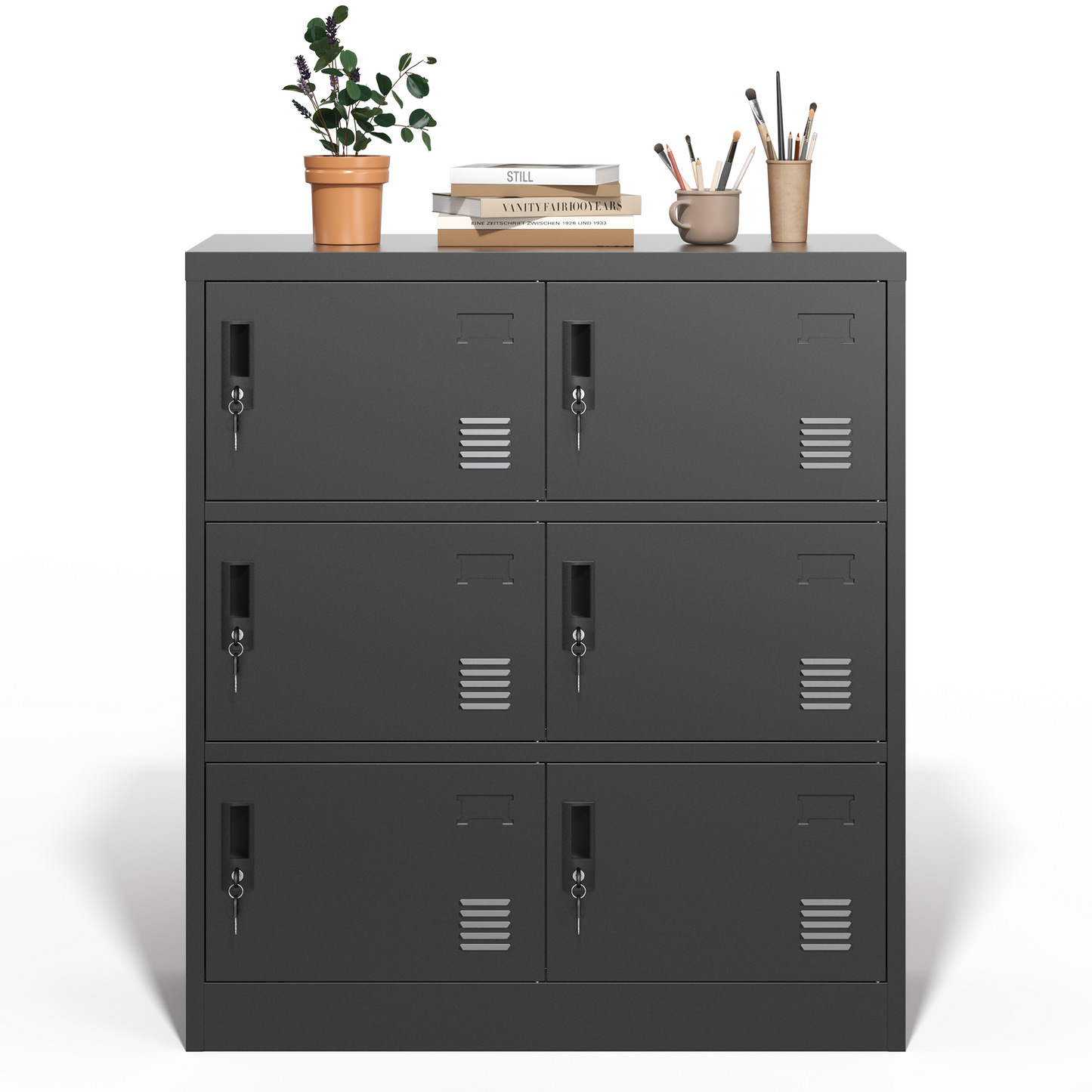 VIYET 6-Door Metal Storage Locker with Lock and Card Slot, Freestanding Office, Gym, School & Home Storage Cabinet, Durable Black Steel