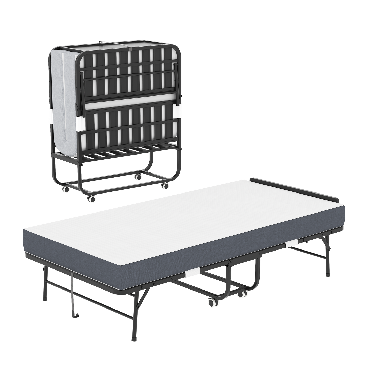 VIYET Twin Folding Rollaway Guest Bed with Adjustable Headboard, 5" Memory Foam Mattress, 450LB Portable Bed with Wheels