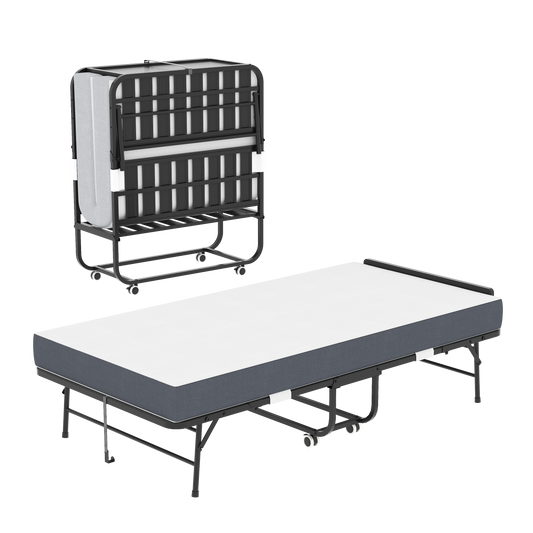 VIYET Twin Folding Rollaway Guest Bed with Adjustable Headboard, 5" Memory Foam Mattress, 450LB Portable Bed with Wheels