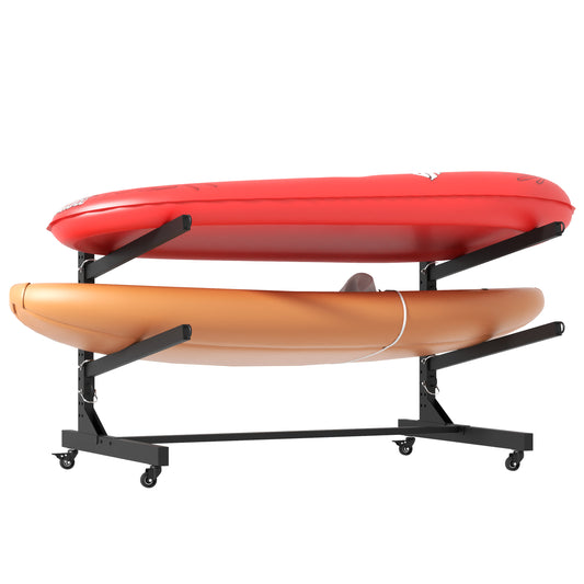 VIYET 27"H Freestanding Kayak Storage Rack, Heavy-Duty Adjustable Stand with Lockable Wheels, Holds 2 Kayaks/Canoe/SUP/Surfboard (Black)