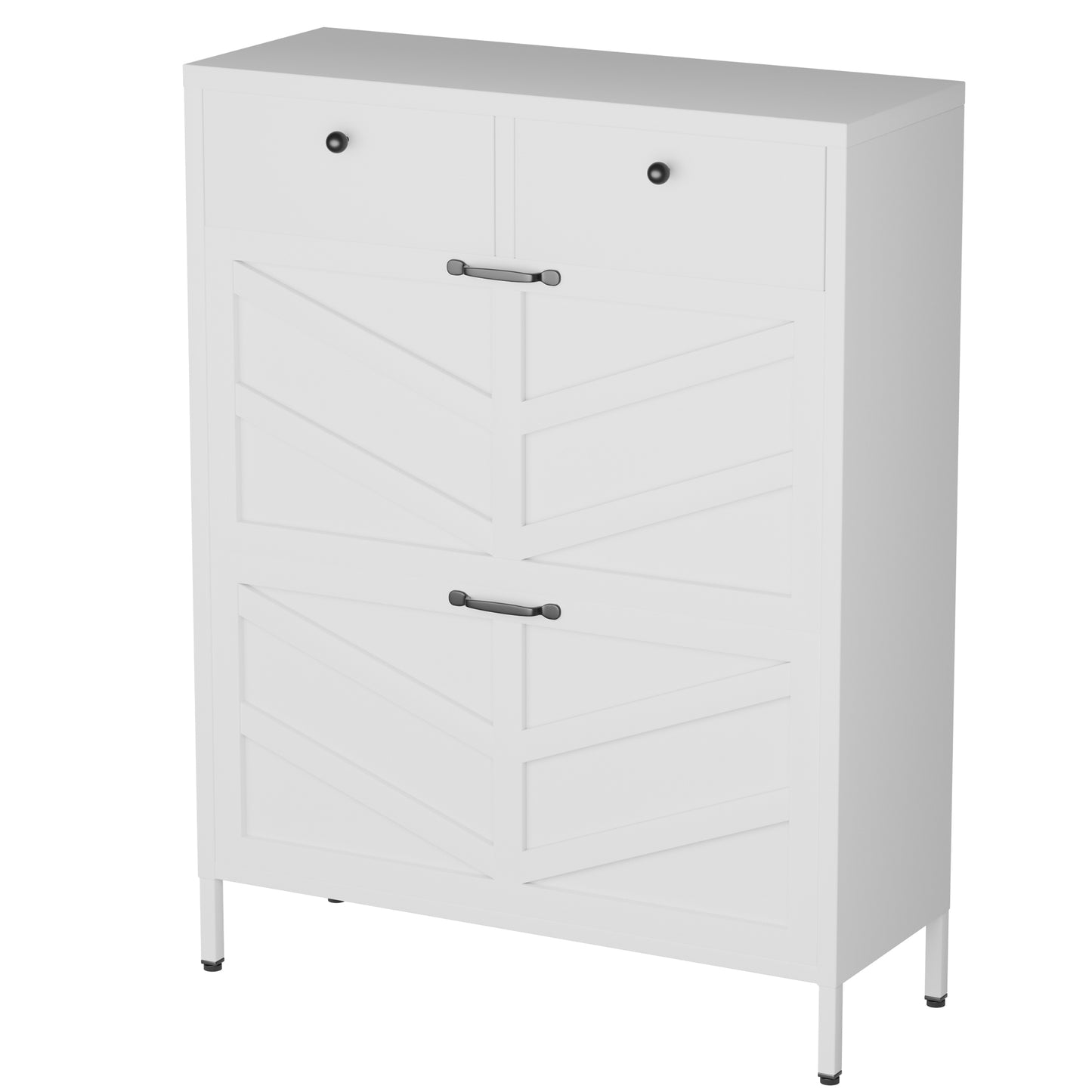 VIYET Slim Metal Shoe Cabinet with 2 Flip Drawers & 2 Top Drawers, Narrow Entryway Storage Organizer, Freestanding Hallway Shoe Rack, White