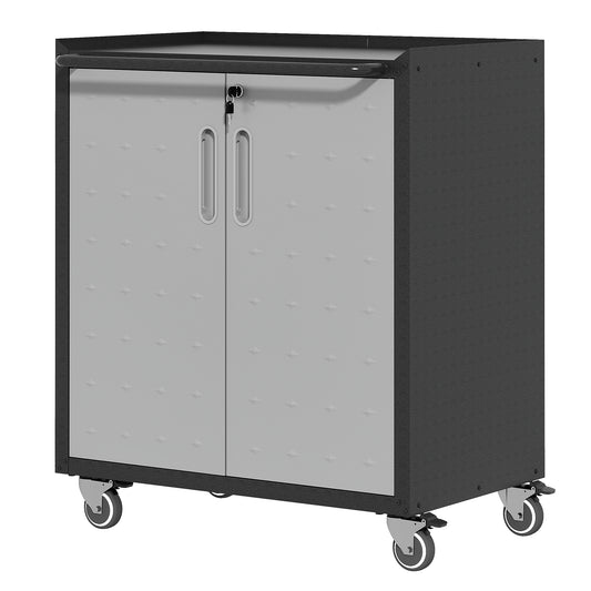 VIYET 34"H Heavy-Duty Steel Garage Cabinet with Wheels & Lock - Adjustable Shelves, Black+Gray Diamond-Plate Design (Garage/Home/Office/Workshop)