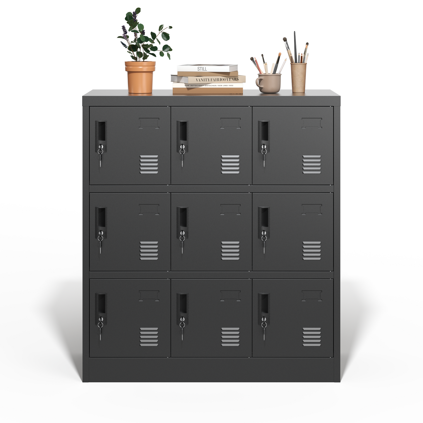 VIYET 9-Door Metal Storage Locker with Lock and Card Slot, Black Freestanding Cabinet for Office, Gym, School & Home Storage