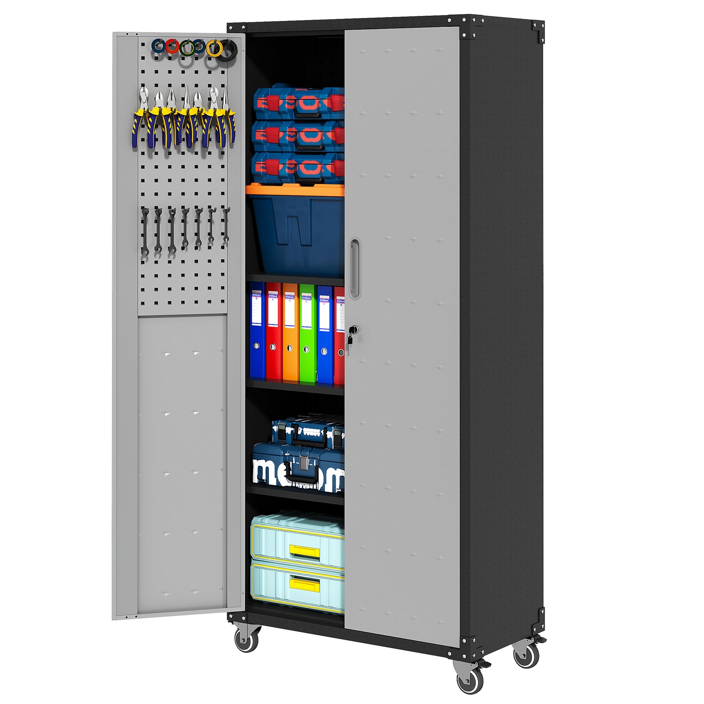 VIYET 71"H Heavy-Duty Steel Garage Cabinet with Wheels & Lock - 3 Adjustable Shelves, 2 Hinged Doors, Mobile Organizer for Garage/Home/Office/School, Black+Gray