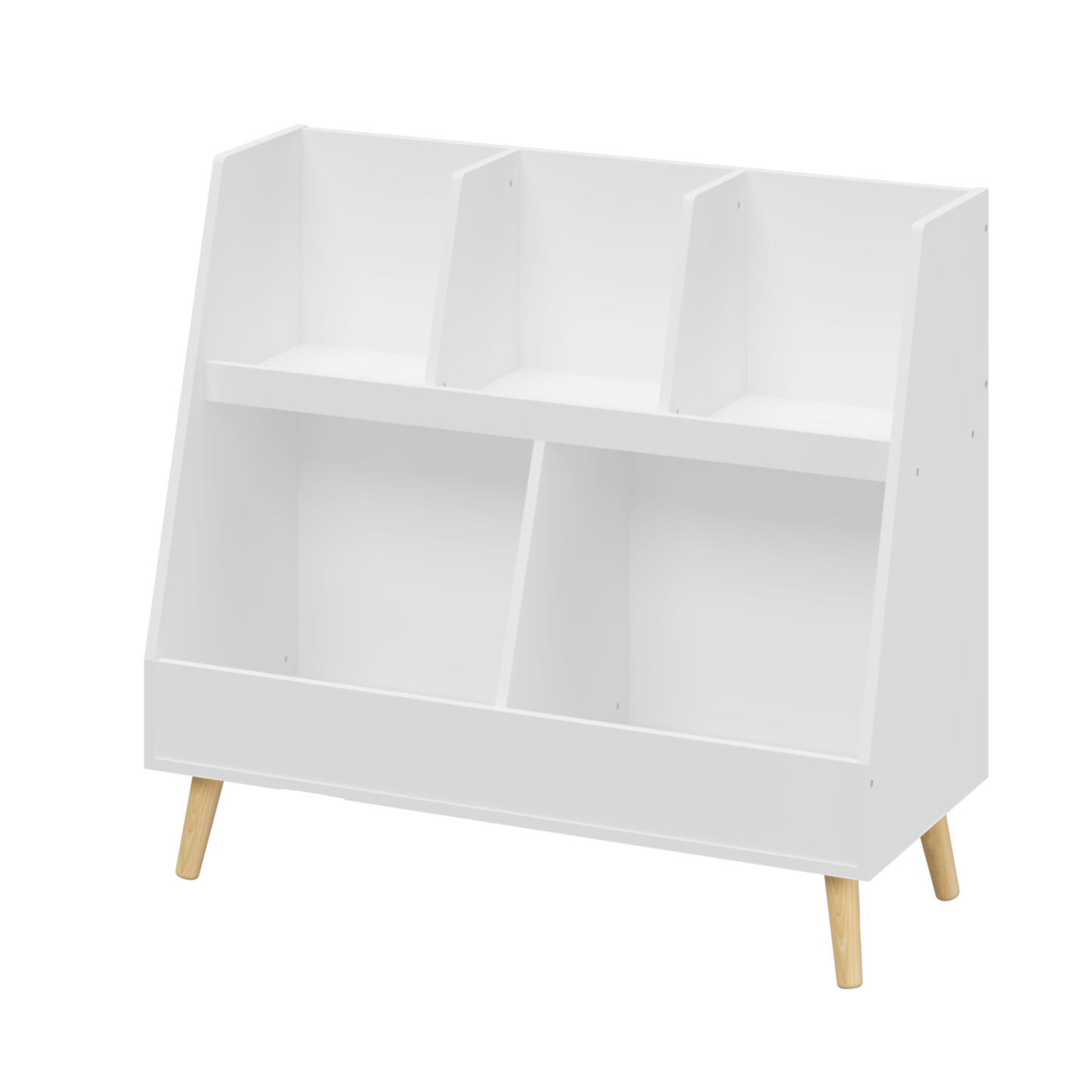 VIYET 28" Kids 5-Cubby Bookshelf Toy Organizer,White Wooden 2-Tier Storage Rack w/ Pine Legs (Anti-Tipping Nursery/Playroom Organizer)