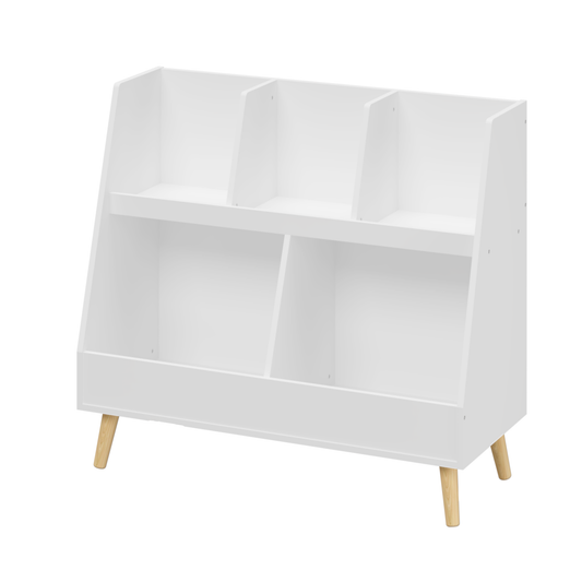 VIYET 28" Kids 5-Cubby Bookshelf Toy Organizer,White Wooden 2-Tier Storage Rack w/ Pine Legs (Anti-Tipping Nursery/Playroom Organizer)