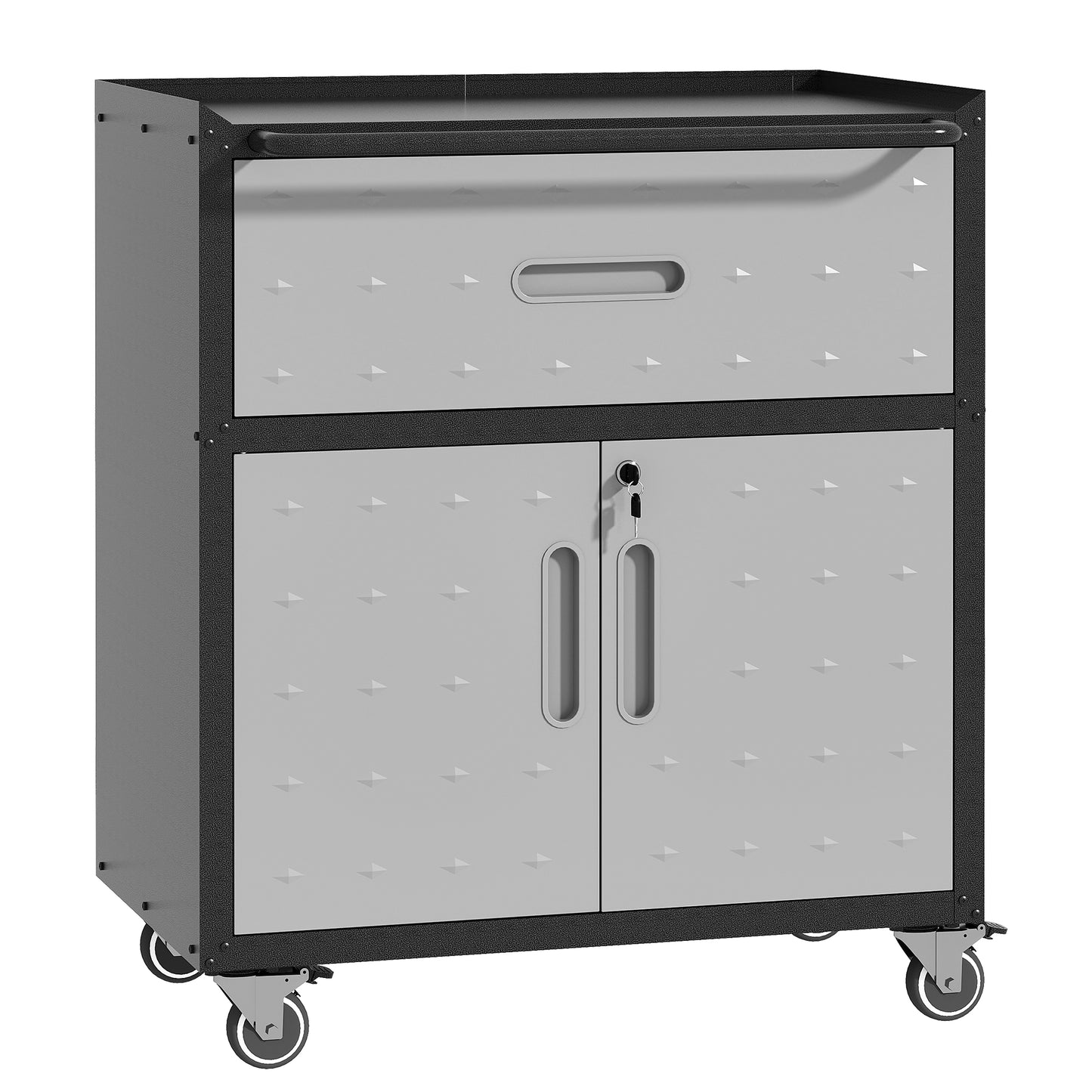 VIYET 35"H Heavy-Duty Mobile Steel Tool Cabinet, 360° Lockable Casters, 3-Sided Top Fence, Garage/Home/Office/Workshop, Black+Gray