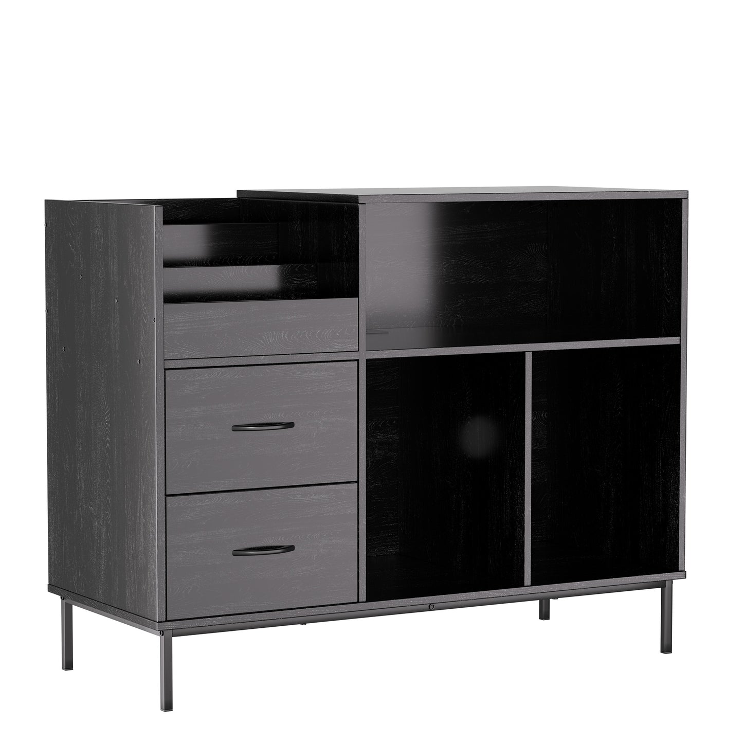 VIYET Record Player Stand with Power Outlet, Vinyl Record Storage Cabinet with Flip Top, Drawers & Dustproof Doors, Black