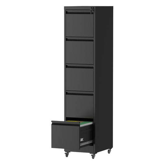 VIYET 5-Drawer Rolling Metal File Cabinet with Lock, Vertical Filing Cabinet on Wheels for A4, Letter & Legal Files, Black