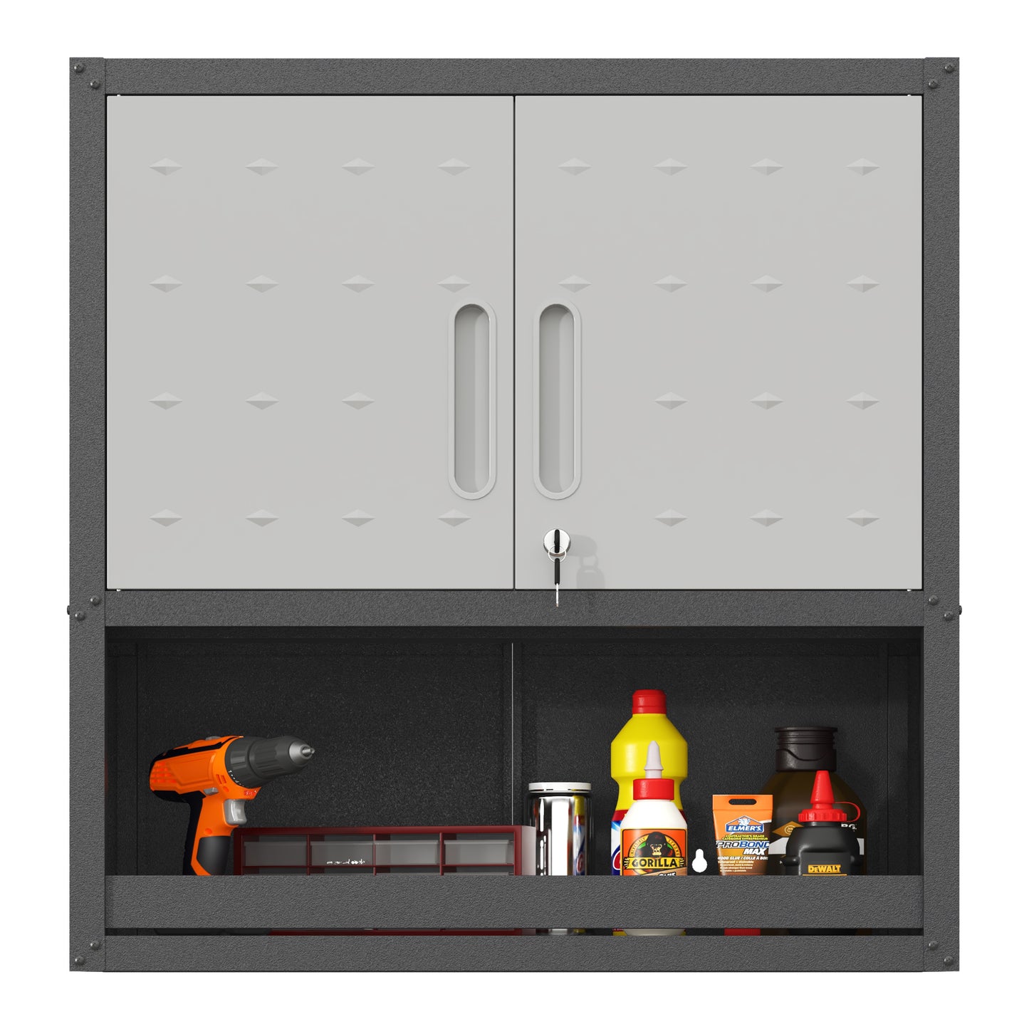 VIYET 30"H Wall-Mounted Metal Storage Cabinet - Locking Doors + Open Drawer + Shelf, Cold-Rolled Steel, Rust-Resistant Powder Coating, Modern Black+Gray for Garage/Office/Warehouse/Home/School