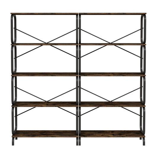 VIYET 63"×11.8"×63" 5-Tier Industrial Bookshelf - Rustic Brown MDF+Iron Frame, Anti-Tipping