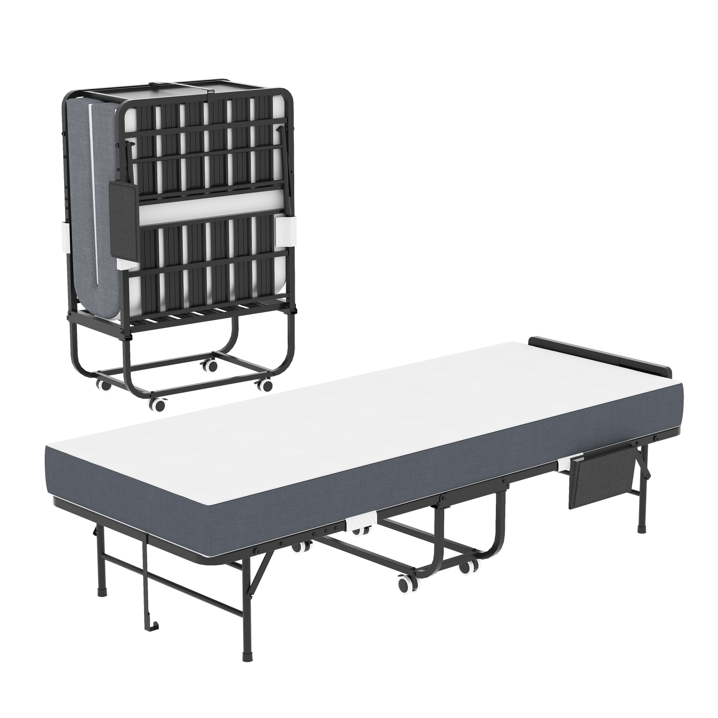 VIYET 75" Folding Rollaway Guest Bed with Adjustable Headboard, 5" Memory Foam Mattress, 450LBS Metal Frame Portable Twin Cot on Wheels