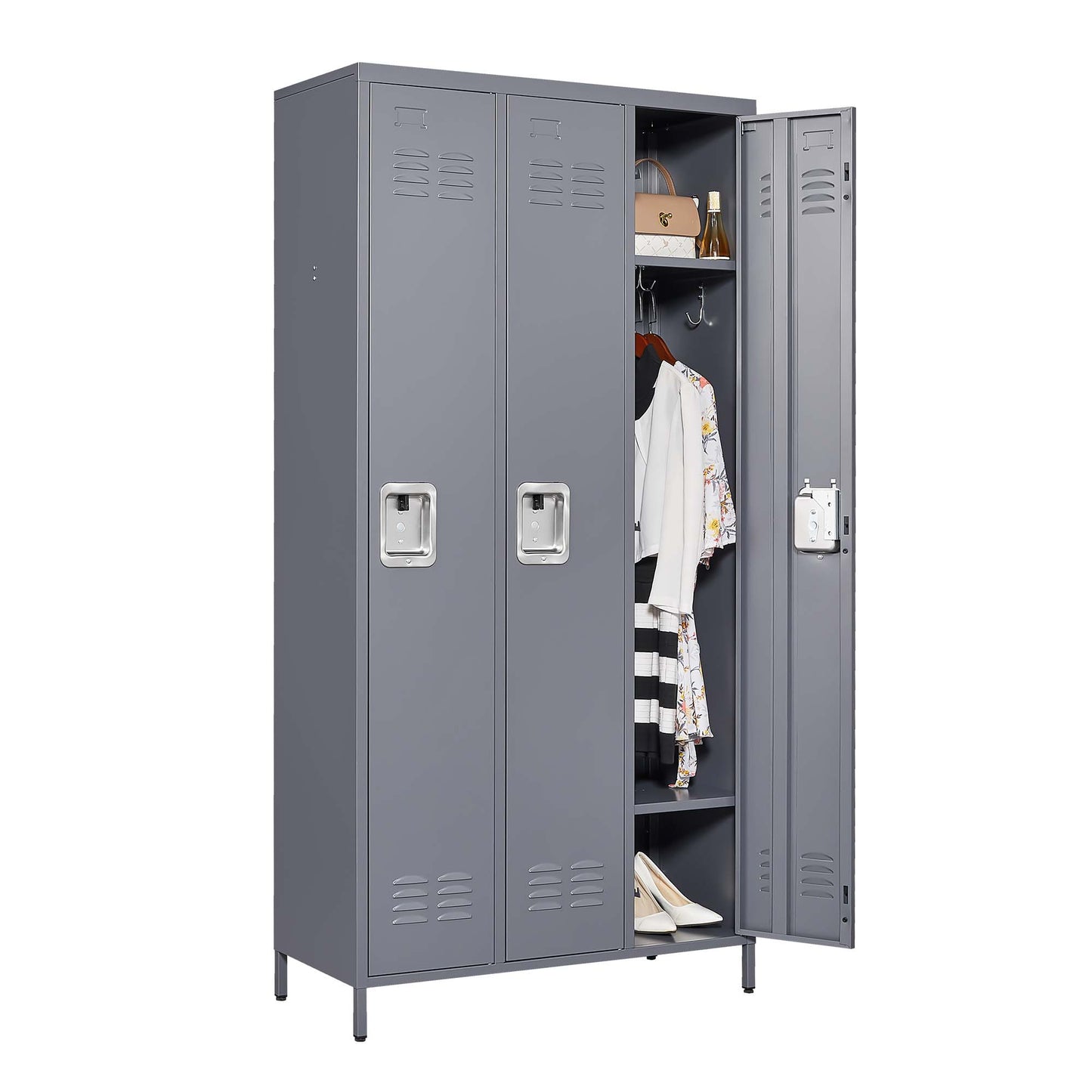 VIYET 72" 3-Door Metal Locker Cabinet, Gray Steel Storage w/ Independent Locks (Employee/Gym/Office/School Organizer)