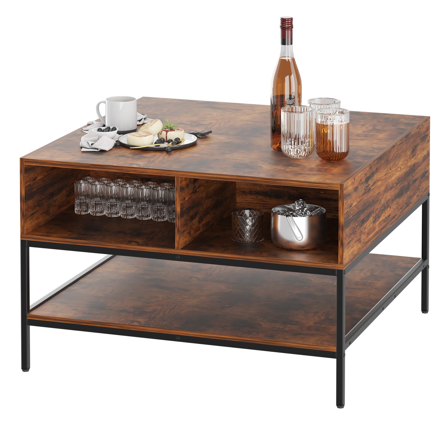 VIYET 32"H Farmhouse Flip Top Coffee Table with Storage, Rustic Wood Grain + Metal Frame, Hidden Compartment & Open Shelves for Living Room, Easy to Assemble & Clean (Black+Brown)